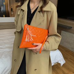 Plaid Tassel Handbag Women PU Zipper Bag Office Lady HandBag