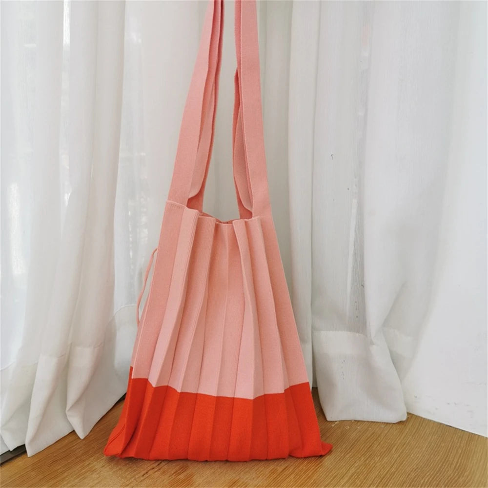 Large Capacity Shopping Handbags For Women Folded Knit Pleated Bags