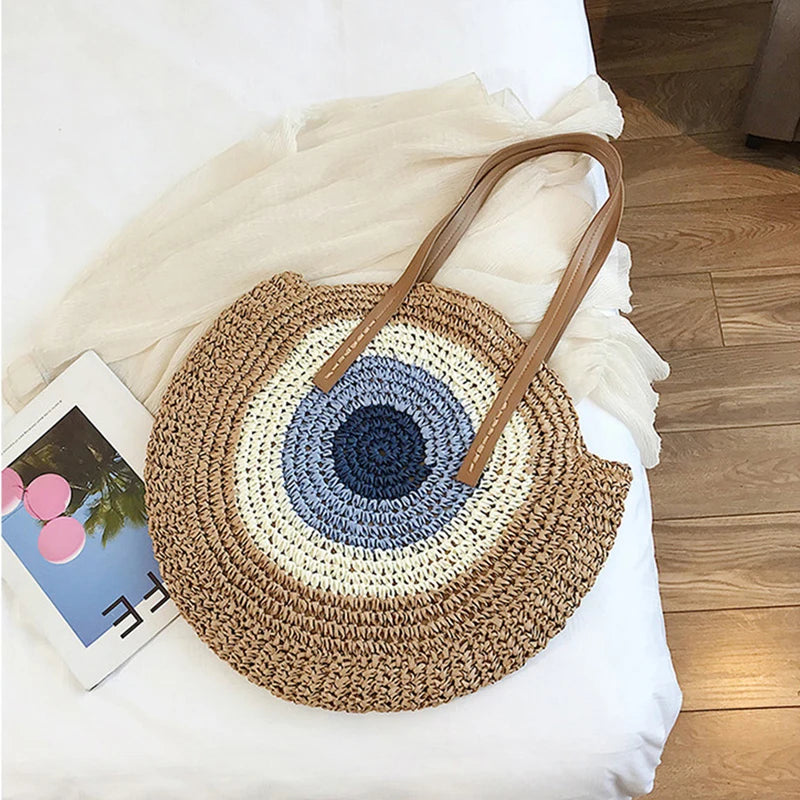 Fashion Straw Woven Bag Large Capacity Zipper Round Beach Holiday Bags