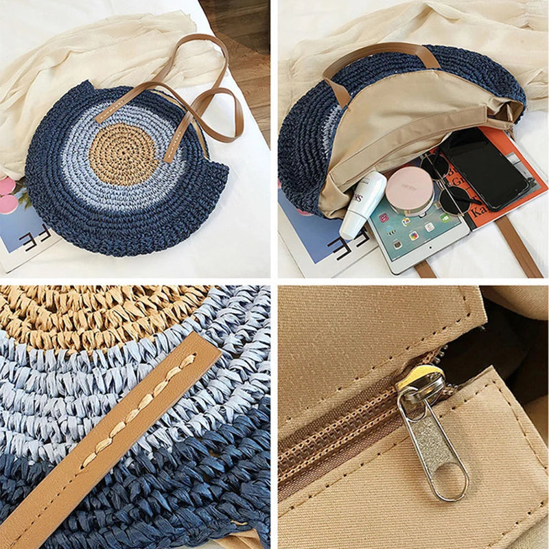 Fashion Straw Woven Bag Large Capacity Zipper Round Beach Holiday Bags