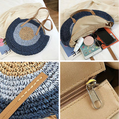 Fashion Straw Woven Bag Large Capacity Zipper Round Beach Holiday Bags