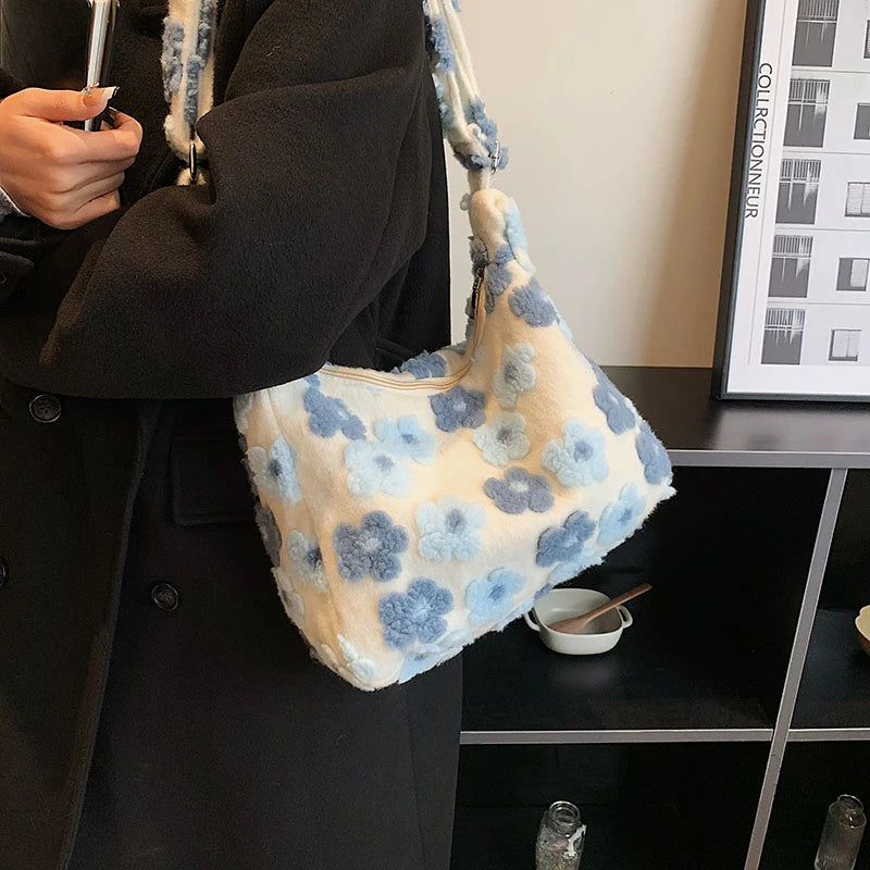 Plush Floral Winter Handbag Soft Fluffy Shopping Bag Hobo B