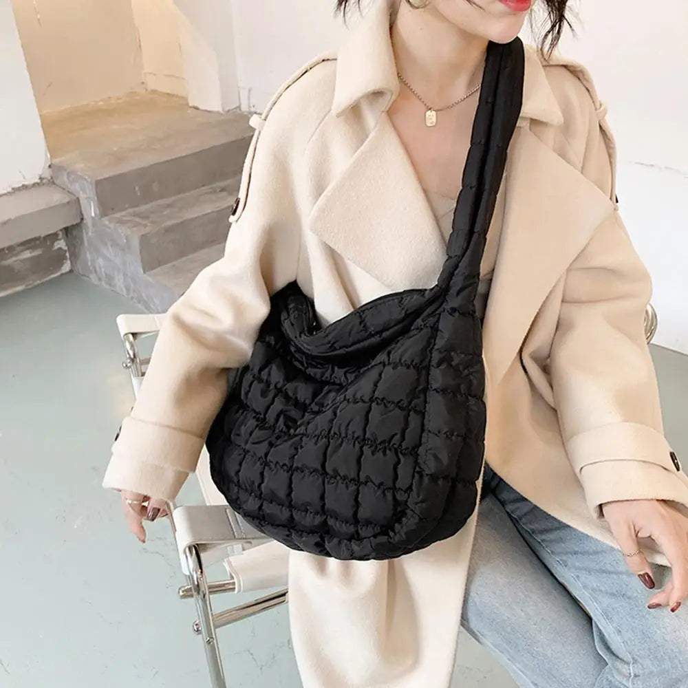Lattice Pattern Shoulder Bag Space Cotton Handbag Women Large Capacity Tote Bags