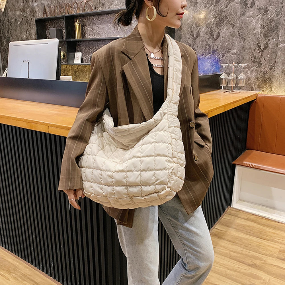 Lattice Pattern Shoulder Bag Space Cotton Handbag Women Large Capacity Tote Bags