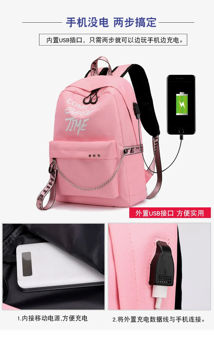 Luminous USB Charge Women Backpack Waterproof Polyester Letters Print School Bag
