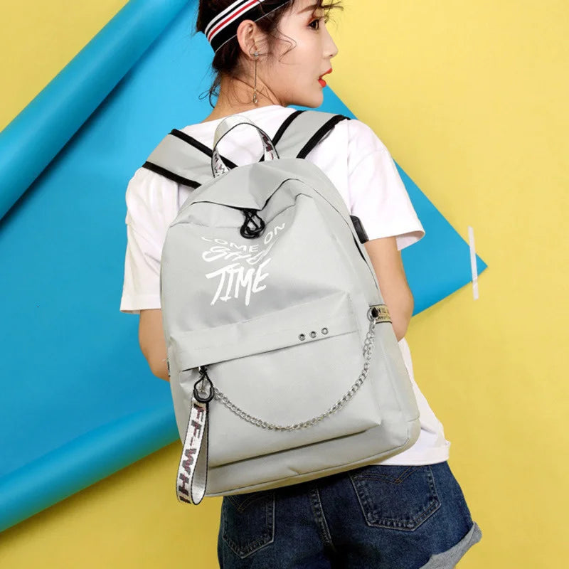 Luminous USB Charge Women Backpack Waterproof Polyester Letters Print School Bag