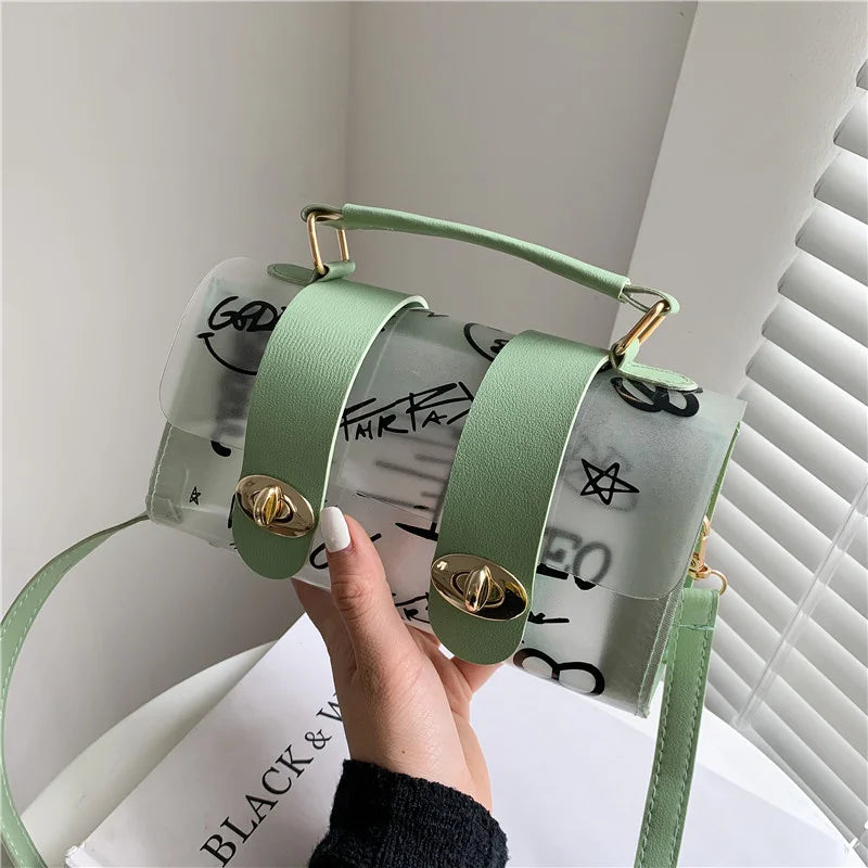 Women Shoulder Bag PVC Transparent Graffiti Ladies Purse Mint Green Mobile Purse