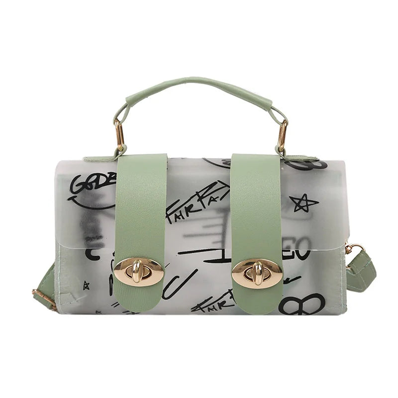 Women Shoulder Bag PVC Transparent Graffiti Ladies Purse Mint Green Mobile Purse