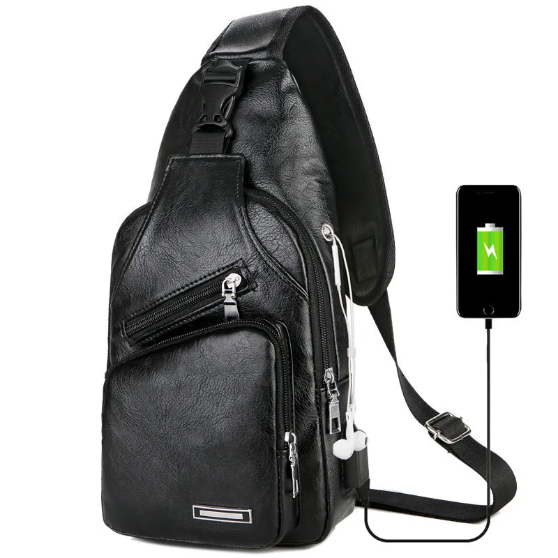 Men's Leather Chest Bag USB Port Charging Outdoor Sports Crossbody