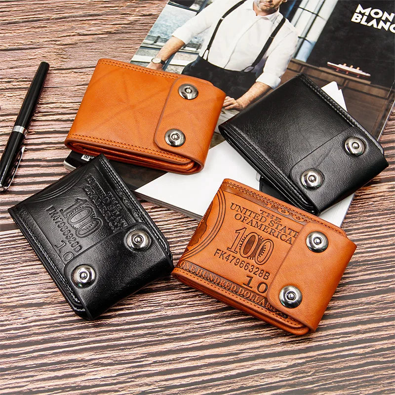 Men's Short Wallet Magnetic Buckle Double Line Foldable PU Leather Wallet