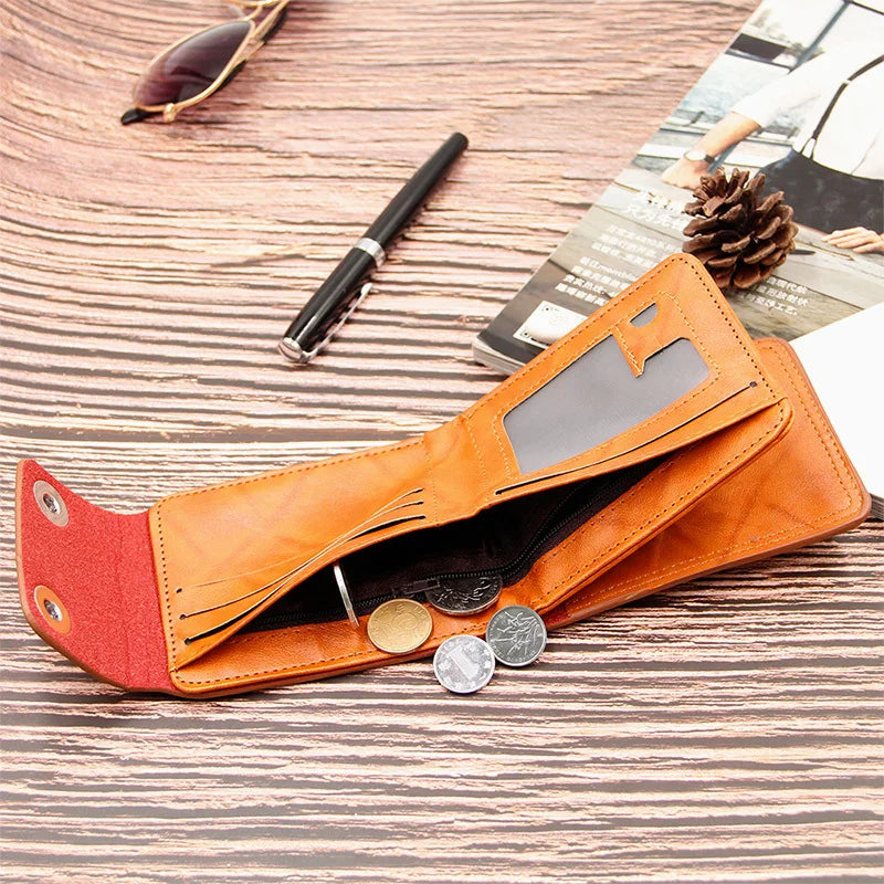 Men's Short Wallet Magnetic Buckle Double Line Foldable PU Leather Wallet