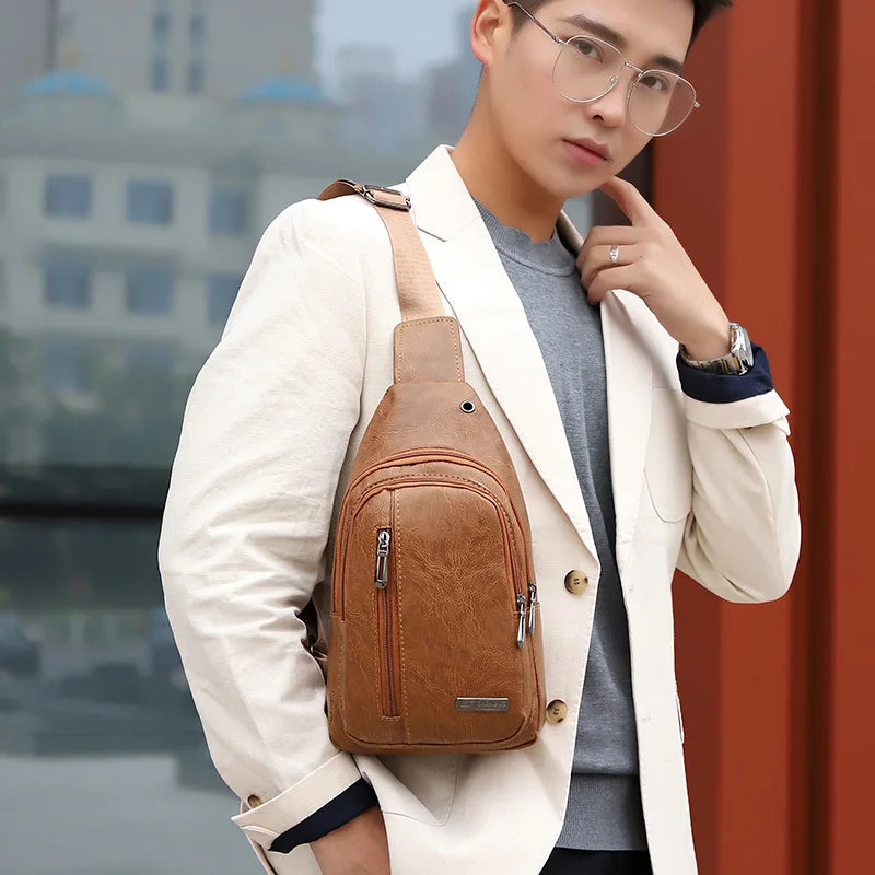 Men's USB Charging Chest Bag PU Leather Shoulder Travel Bag