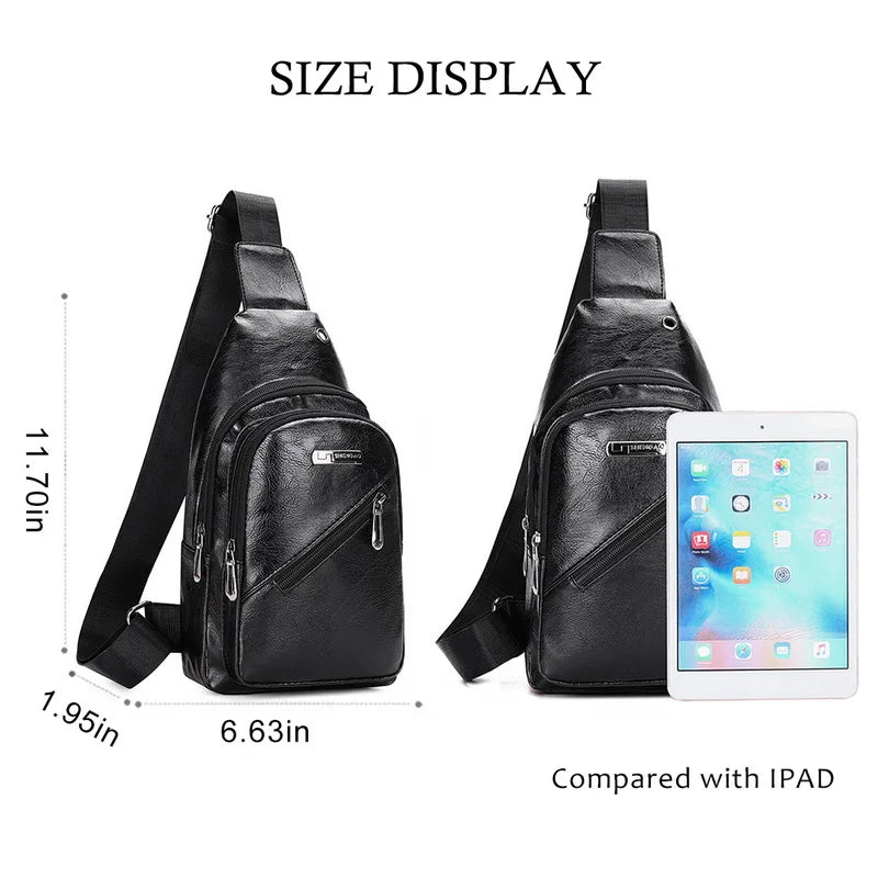 Men's USB Charging Chest Bag PU Leather Shoulder Travel Bag