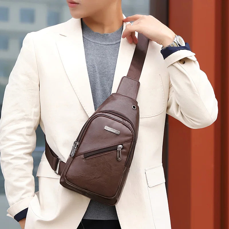 Men's USB Charging Chest Bag PU Leather Shoulder Travel Bag