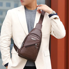 Men's USB Charging Chest Bag PU Leather Shoulder Travel Bag