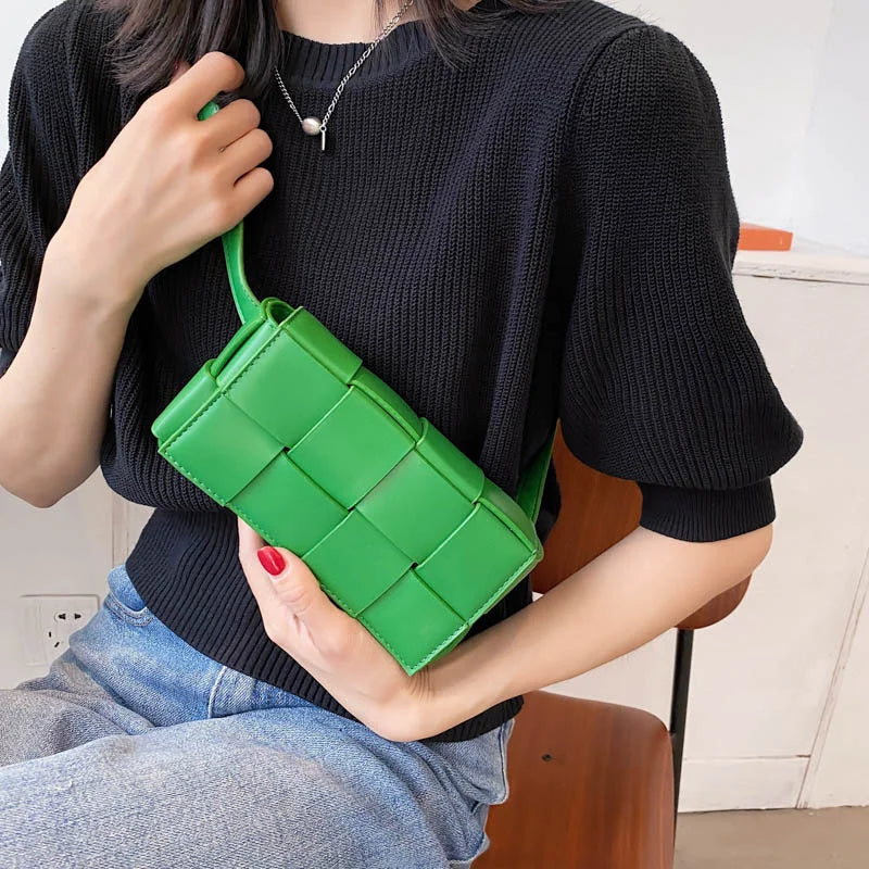 Female Leather Woven Messenger Bag Small Waist Shoulder Hand Bag
