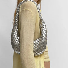 Metal Mesh Women Shoulder Bags Silver Lady Handbags Shinny Hobos Party Purses Sm