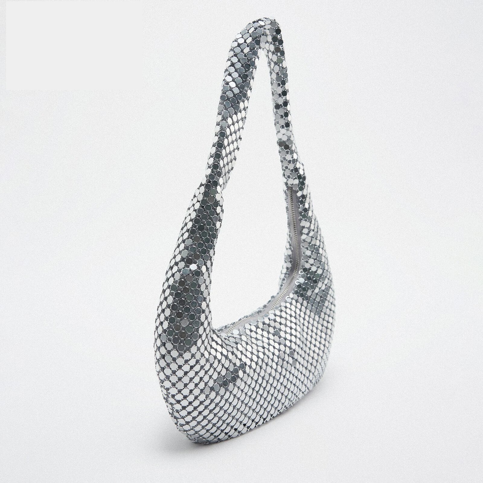 Metal Mesh Women Shoulder Bags Silver Lady Handbags Shinny Hobos Party Purses Sm