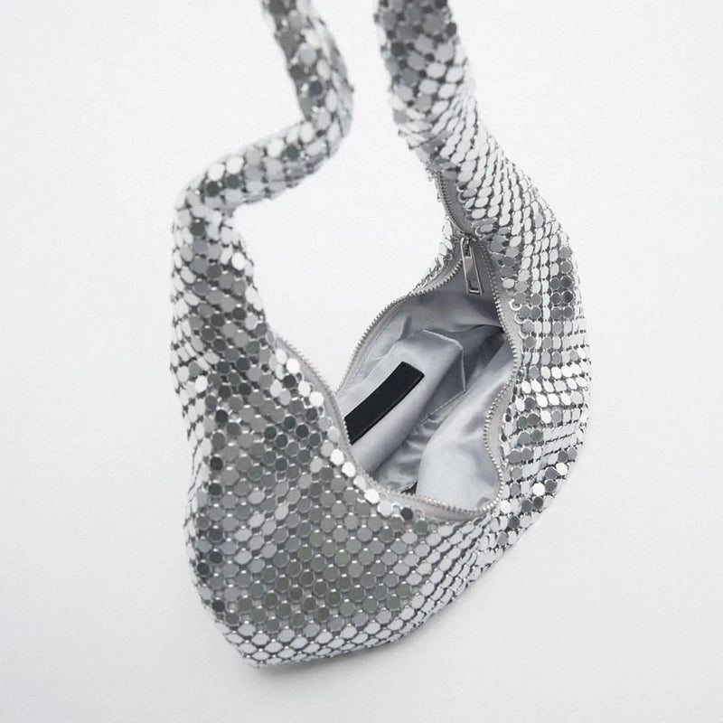 Metal Mesh Women Shoulder Bags Silver Lady Handbags Shinny Hobos Party Purses Sm
