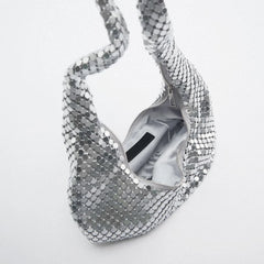 Metal Mesh Women Shoulder Bags Silver Lady Handbags Shinny Hobos Party Purses Sm