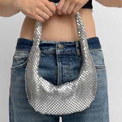 Metal Mesh Women Shoulder Bags Silver Lady Handbags Shinny Hobos Party Purses Sm