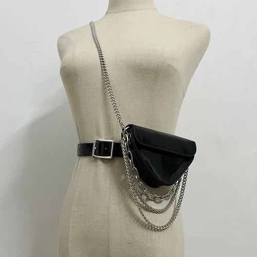 Multi-layer Chains Triangle Waist Packs Women PU Leather Waist Belt Mini Bag