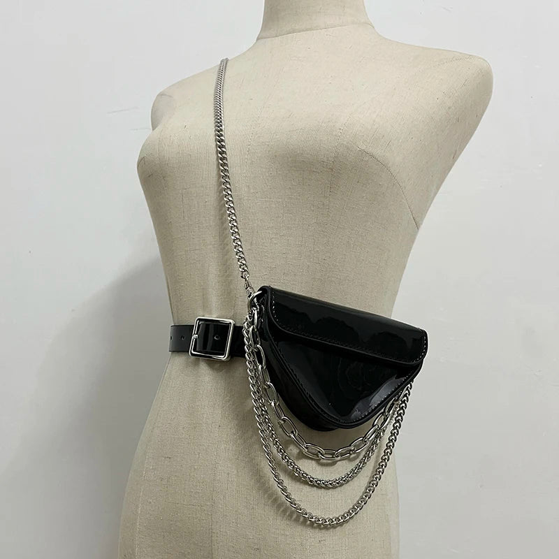 Multi-layer Chains Triangle Waist Packs Women PU Leather Waist Belt Mini Bag