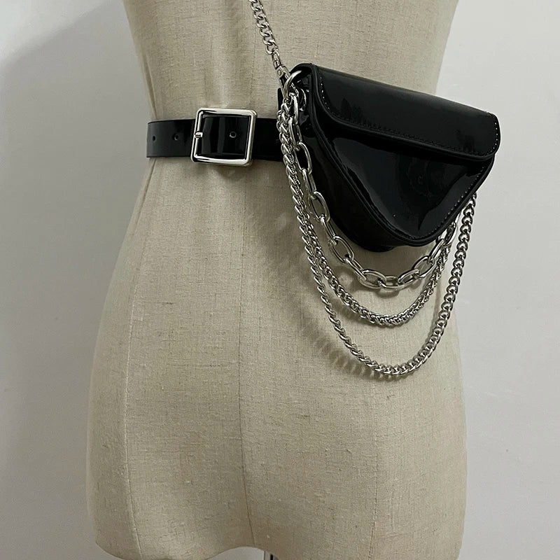 Multi-layer Chains Triangle Waist Packs Women PU Leather Waist Belt Mini Bag