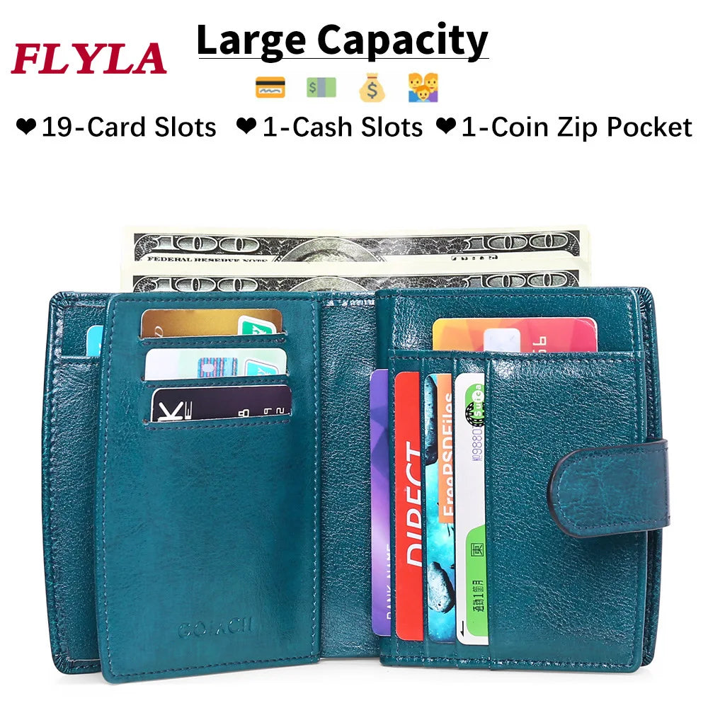 RFID Oil Wax Cowhide Retro Zipper Wallet Women Coin Purse