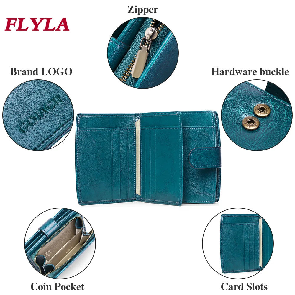 RFID Oil Wax Cowhide Retro Zipper Wallet Women Coin Purse