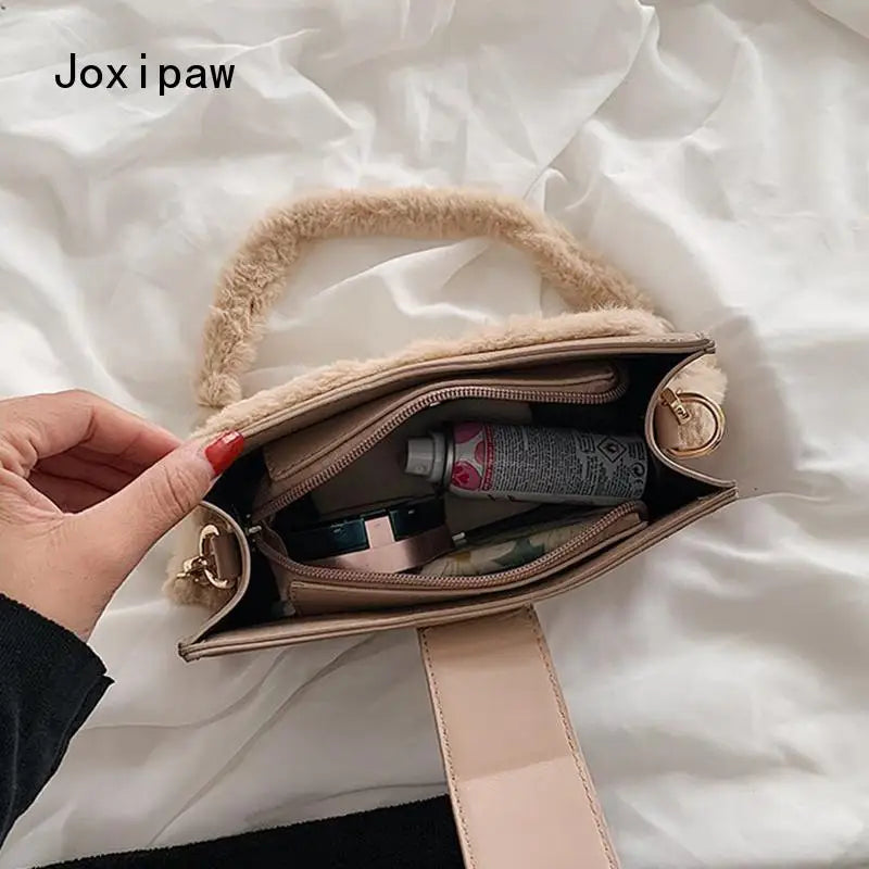 Plush Shoulder Bag for Women Girl Autumn Winter PU Leather Crossbody Bags