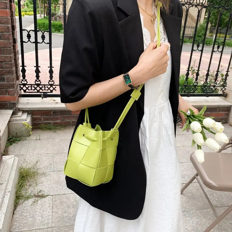 Braided Women PU Leather Mini Shoulder Messenger Bag Small Bucket Tote Crossbody