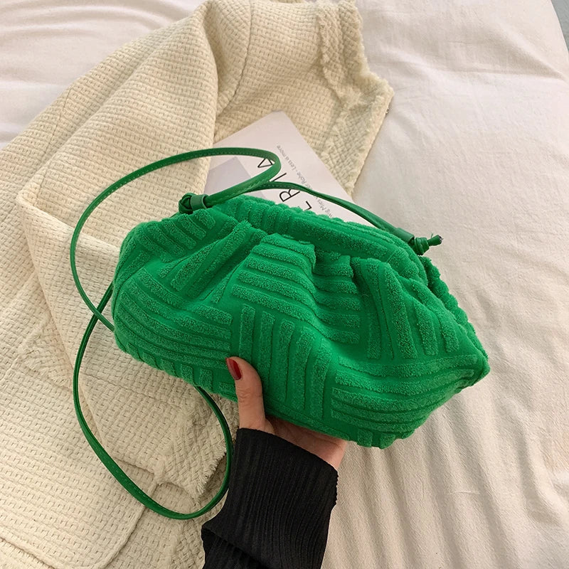 Green Towel Fabric Women Single-Shoulder Bag Plaeted Cloud Bag