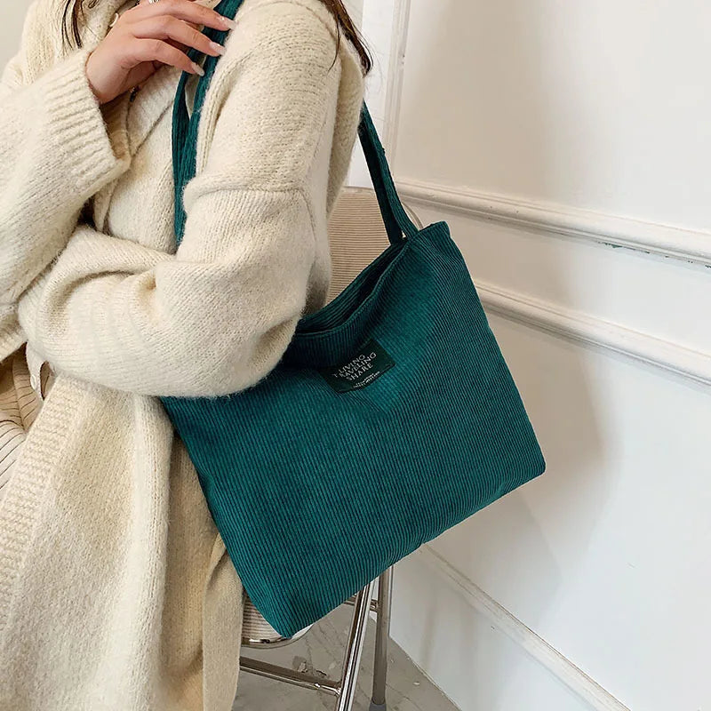 Corduroy Casual Shoulder Bag Large Capacity Solid Handbag