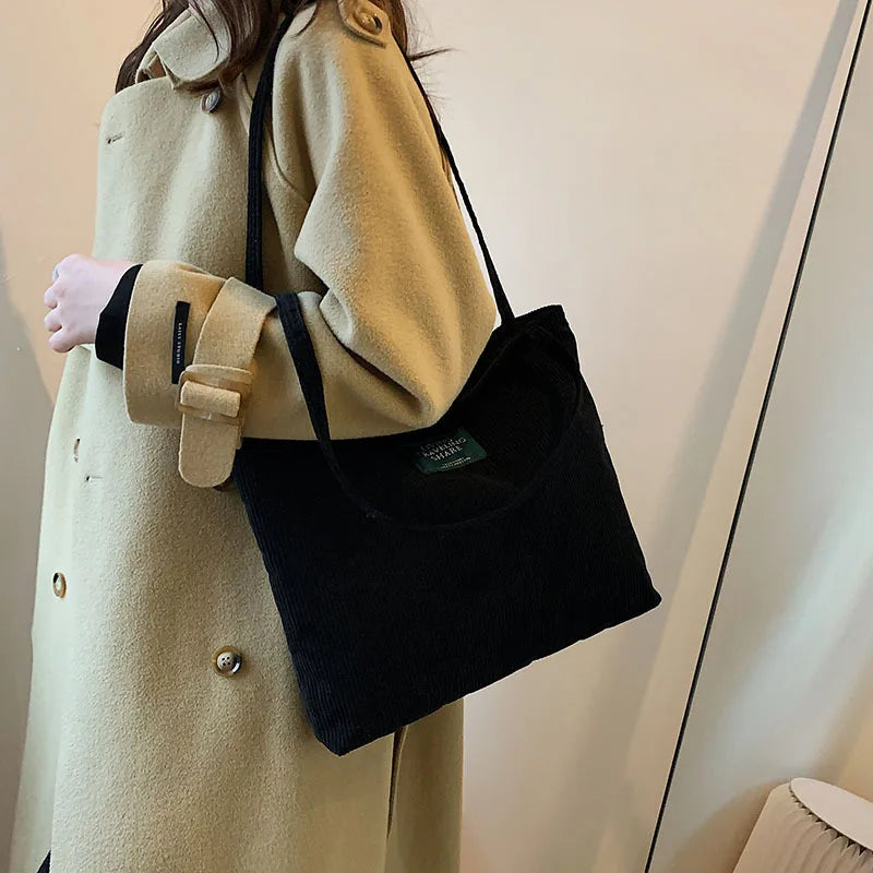 Corduroy Casual Shoulder Bag Large Capacity Solid Handbag