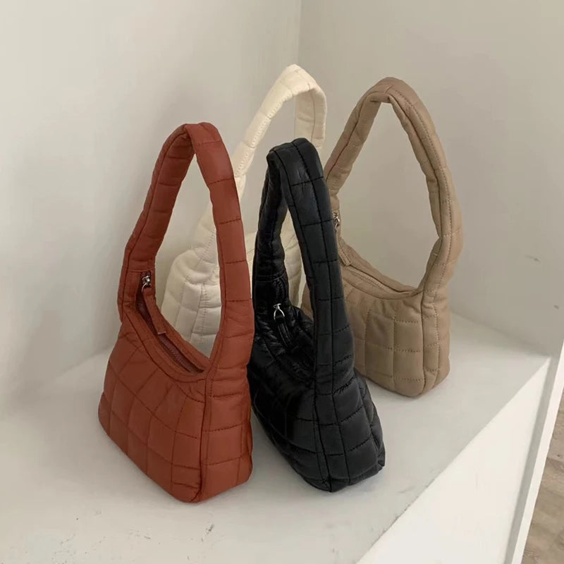 Quilted Check Small Handbag Women's Shoulder Bag with Zipper