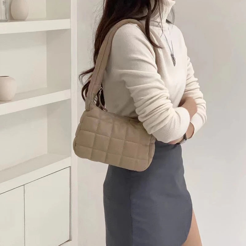 Quilted Check Small Handbag Women's Shoulder Bag with Zipper