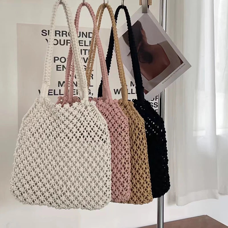 Cotton Thread Knitted Women Handbags Ladies Net Hollow Out Tote Bag