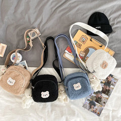 Bear Pattern Messenger Bags for Women Soft Plush Mobile Phone Bag