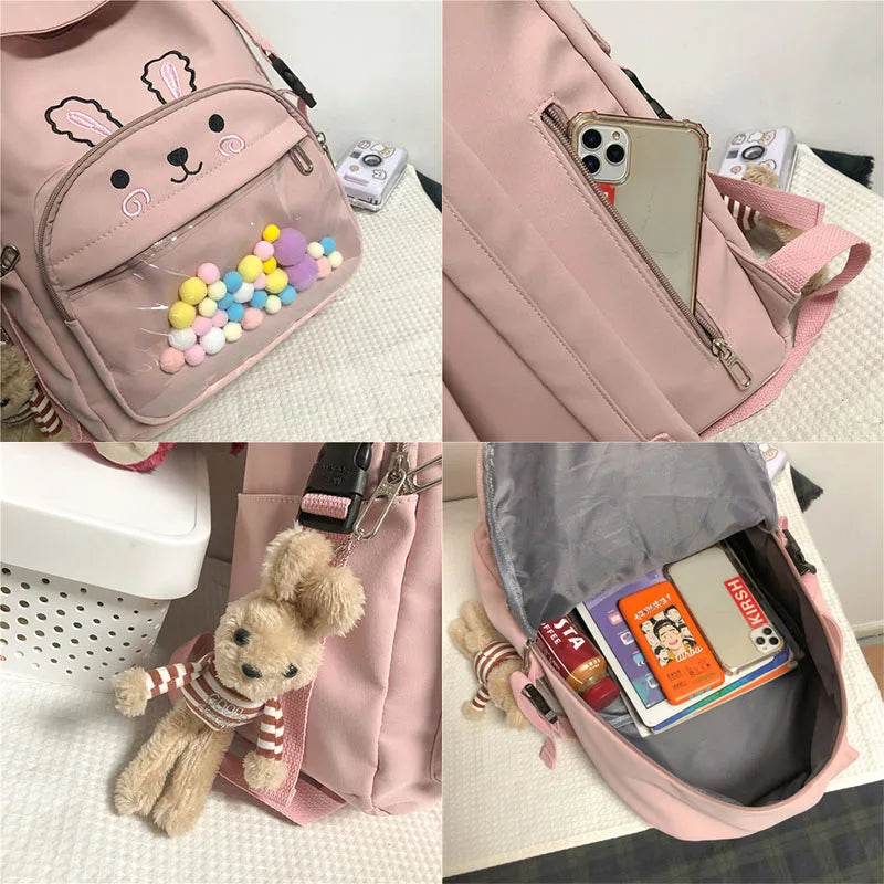 Cartoon Bunny Bear Embroidery Student Schoolbag Sweet Teenager Girls Backpack