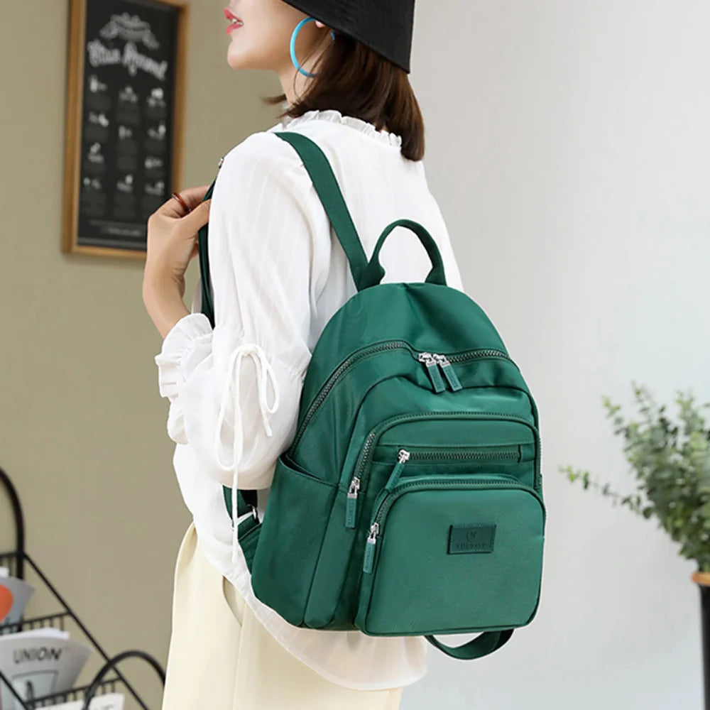 Dark Green Women's Waterproof Nylon Backpack - School Bag for Girls