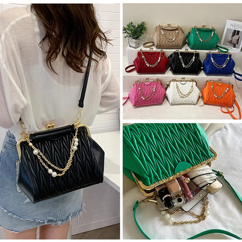 Women's High Pleated Leather Shoulder Crossbody Bag