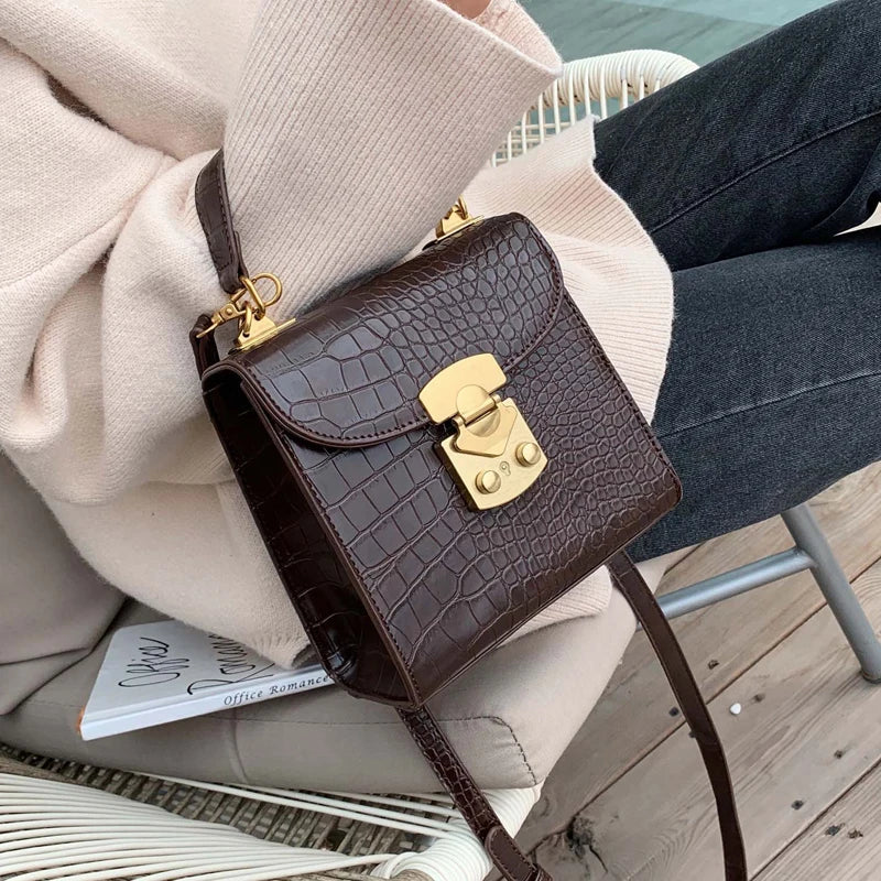 Female Stone Pattern Tote Bag Lock Shoulder Messenger Bag