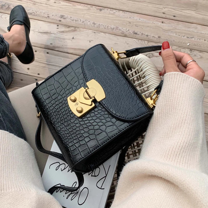 Female Stone Pattern Tote Bag Lock Shoulder Messenger Bag