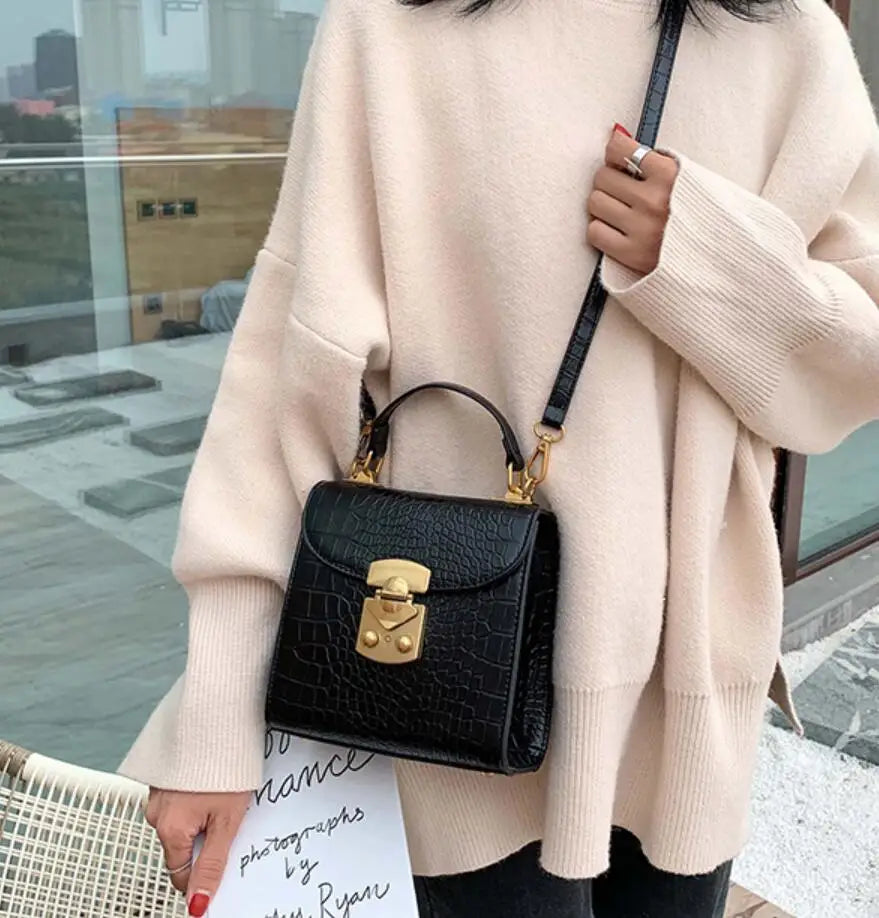 Female Stone Pattern Tote Bag Lock Shoulder Messenger Bag