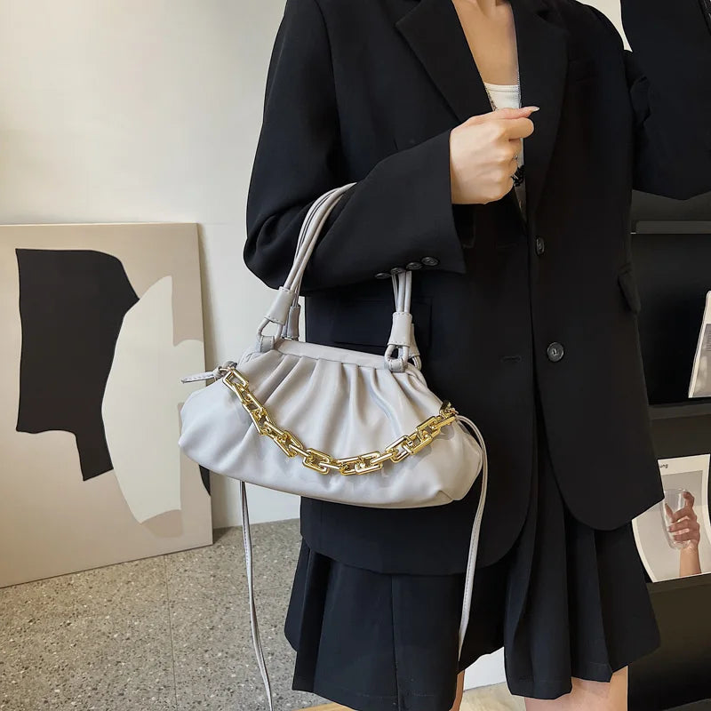 Women Heavy Chain Crossbody Bags Ruched Shoulder Bags Handbags