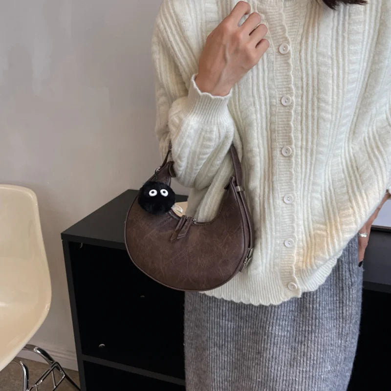Women Brown Shoulder Bag Half Moon Messenger Soft Pu Leather Clutch