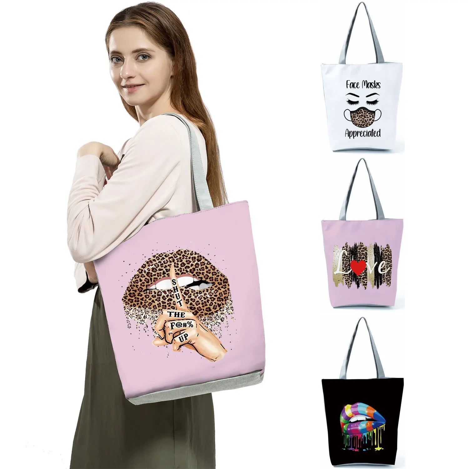 Leopard Lips Women Shoulder Bag Tote Reusable Shopping Handbag