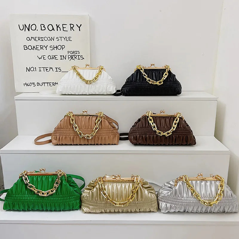 Chain Shoulder Bags PU Crossbody Handbag for Women Pleated Shopping