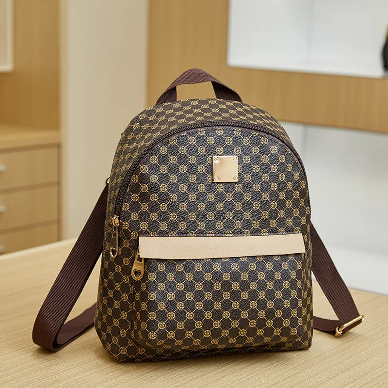 Printed Backpack Women's Versatile PU Leather Shoulder Bag School Style Backpack
